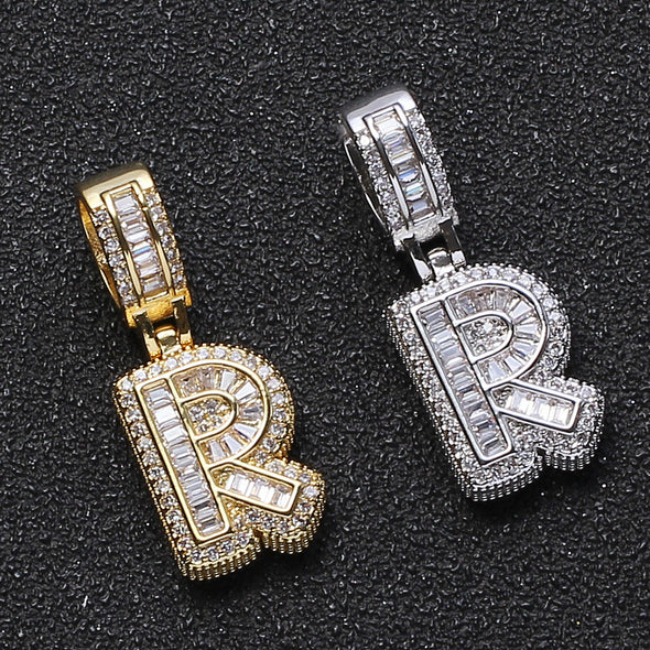 Baguette Iced A to Z Letters Pendants in White Gold