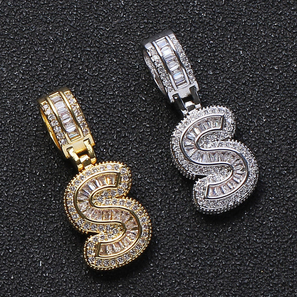 Baguette Iced A to Z Letters Pendants in White Gold