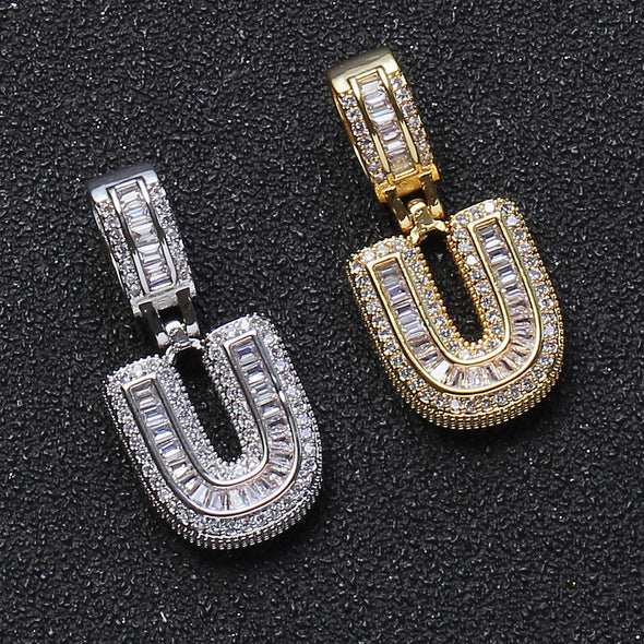 Baguette Iced A to Z Letters Pendants in White Gold