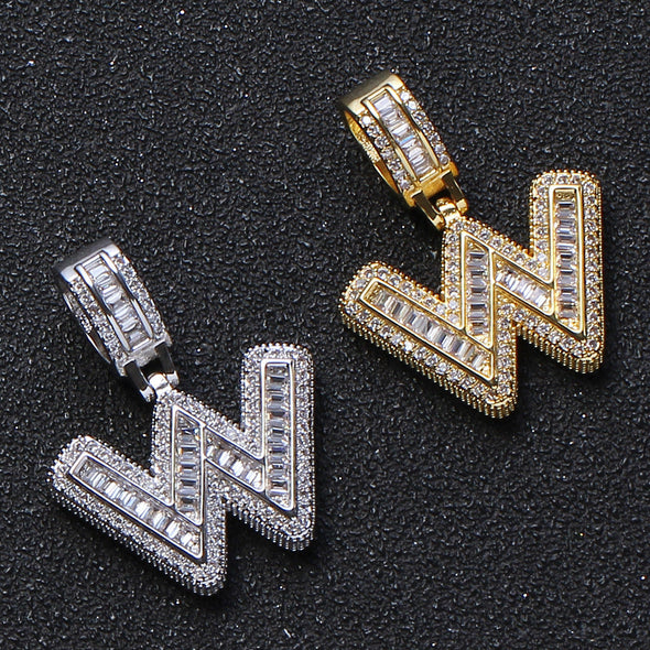 Baguette Iced A to Z Letters Pendants in White Gold