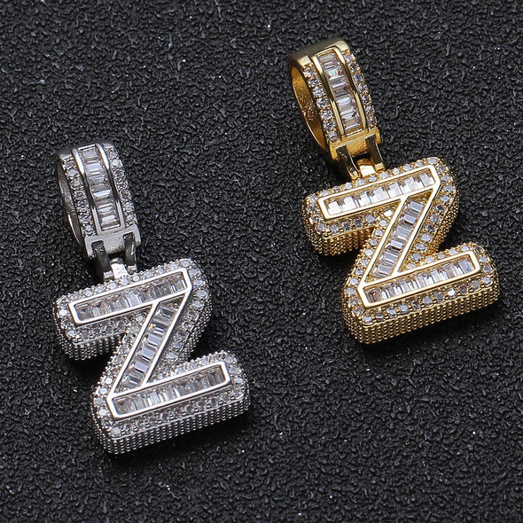 Baguette Iced A to Z Letters Pendants in White Gold