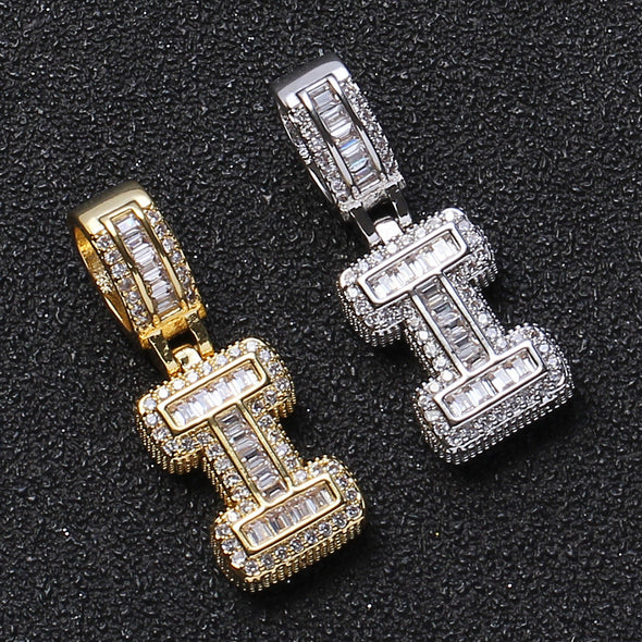 Baguette Iced A to Z Letters Pendants in White Gold