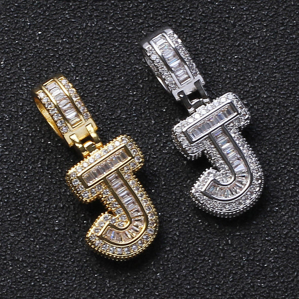 Baguette Iced A to Z Letters Pendants in White Gold