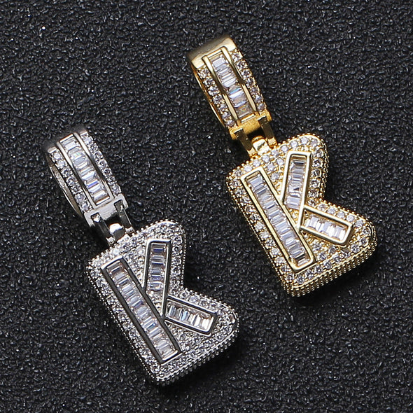 Baguette Iced A to Z Letters Pendants in White Gold