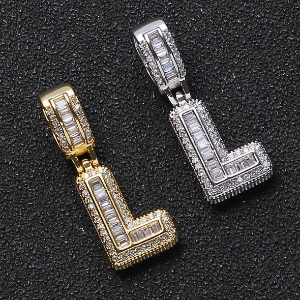 Baguette Iced A to Z Letters Pendants in White Gold