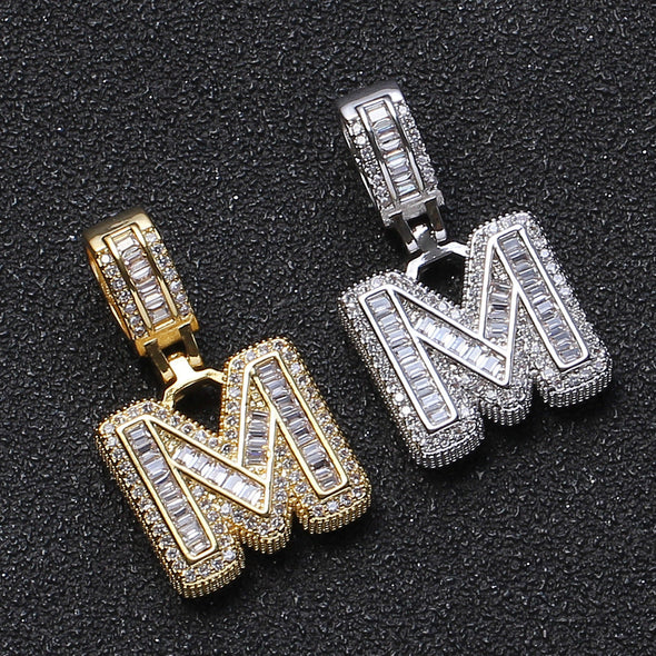 Baguette Iced A to Z Letters Pendants in White Gold