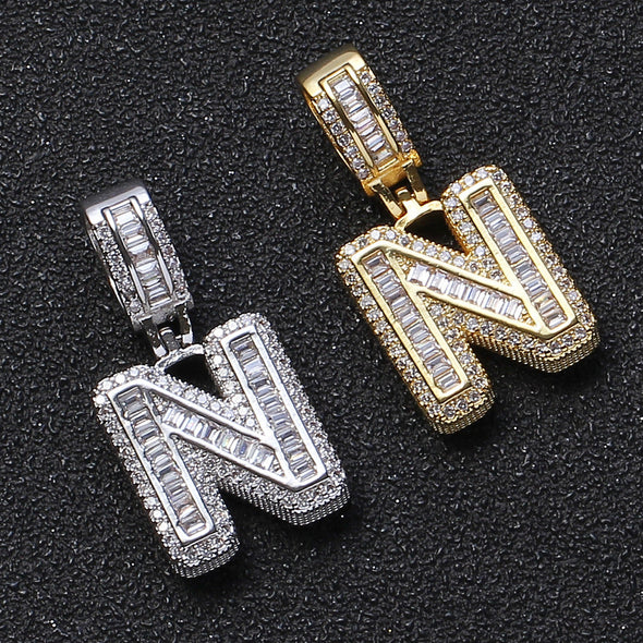 Baguette Iced A to Z Letters Pendants in White Gold