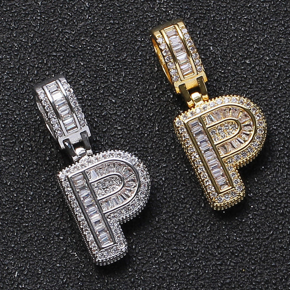 Baguette Iced A to Z Letters Pendants in White Gold