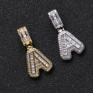 Baguette Iced A to Z Letters Pendants in White Gold