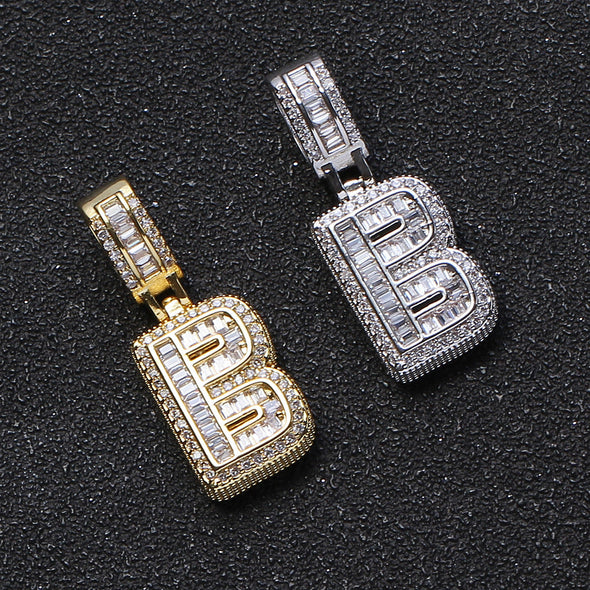 Baguette Iced A to Z Letters Pendants in White Gold