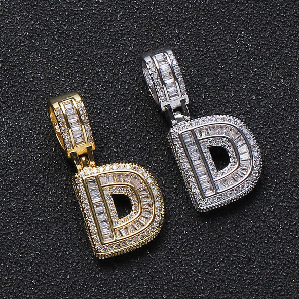 Baguette Iced A to Z Letters Pendants in White Gold