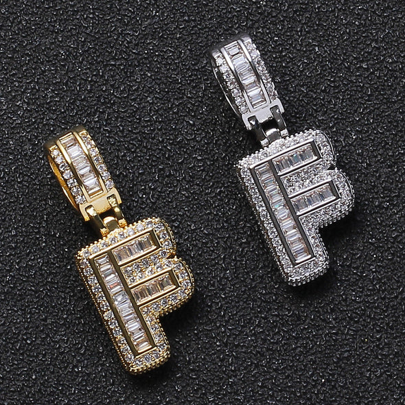 Baguette Iced A to Z Letters Pendants in White Gold