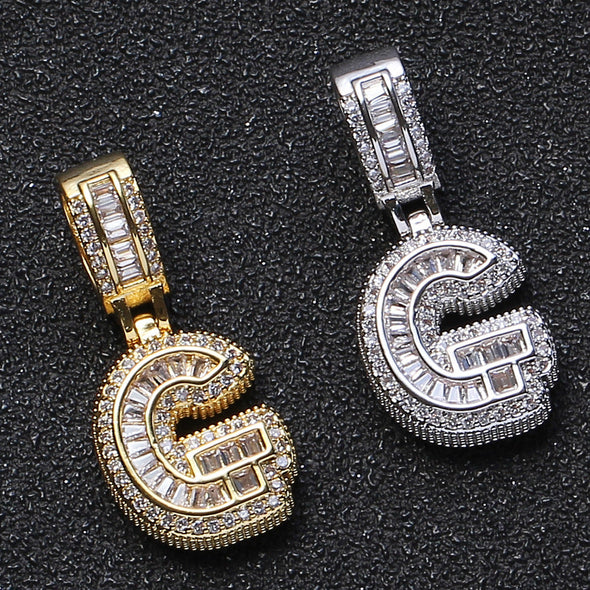 Baguette Iced A to Z Letters Pendants in White Gold